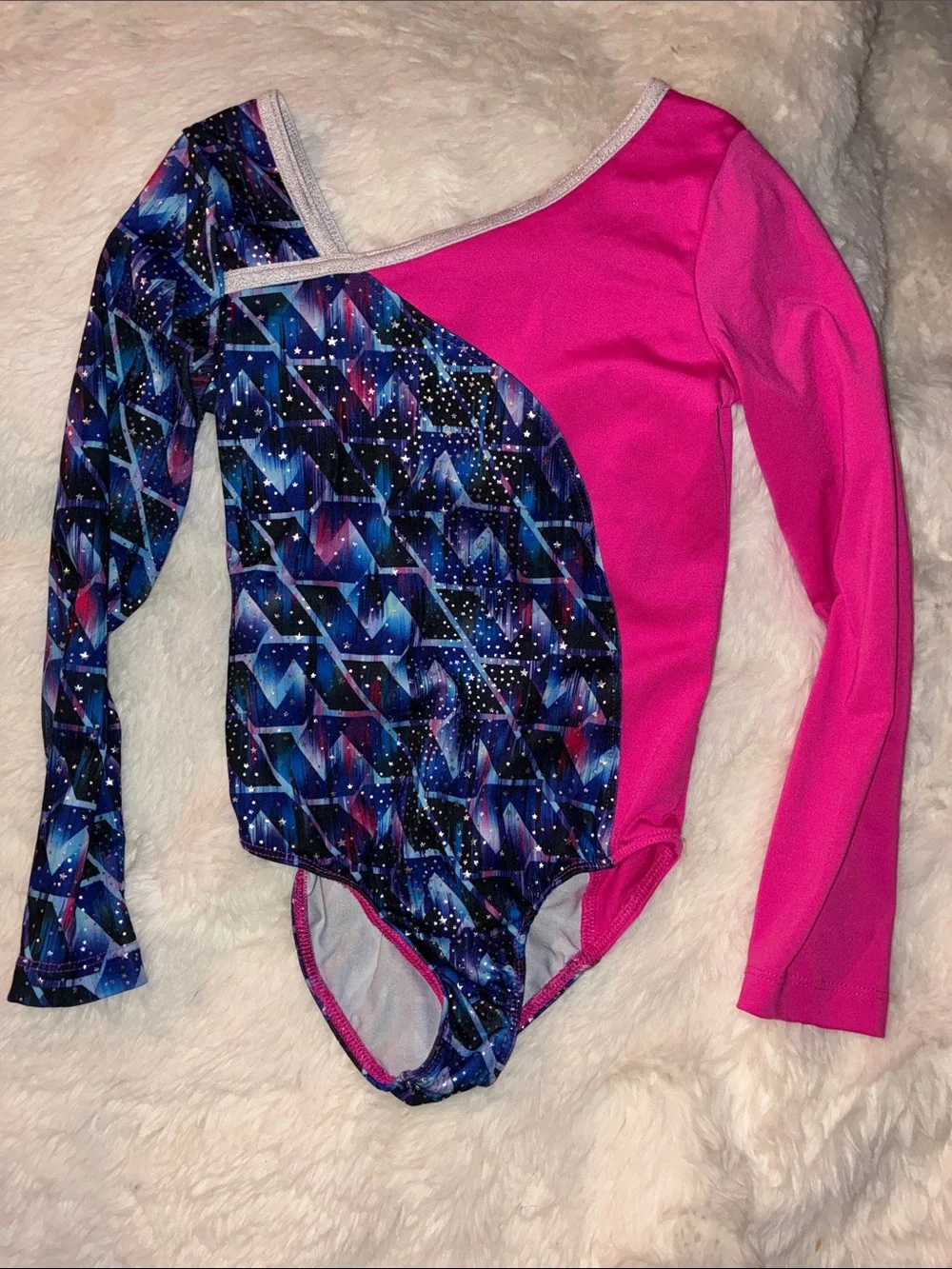 Danskin Girls' Long Sleeve One-Piece in Hot Pink and Multi-Blue Geometric Print